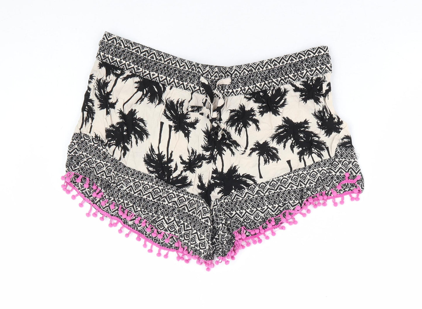 Marks and Spencer Womens Black Geometric Viscose Hot Pants Shorts Size 10 L4 in Regular Drawstring - Pom Pom Trim