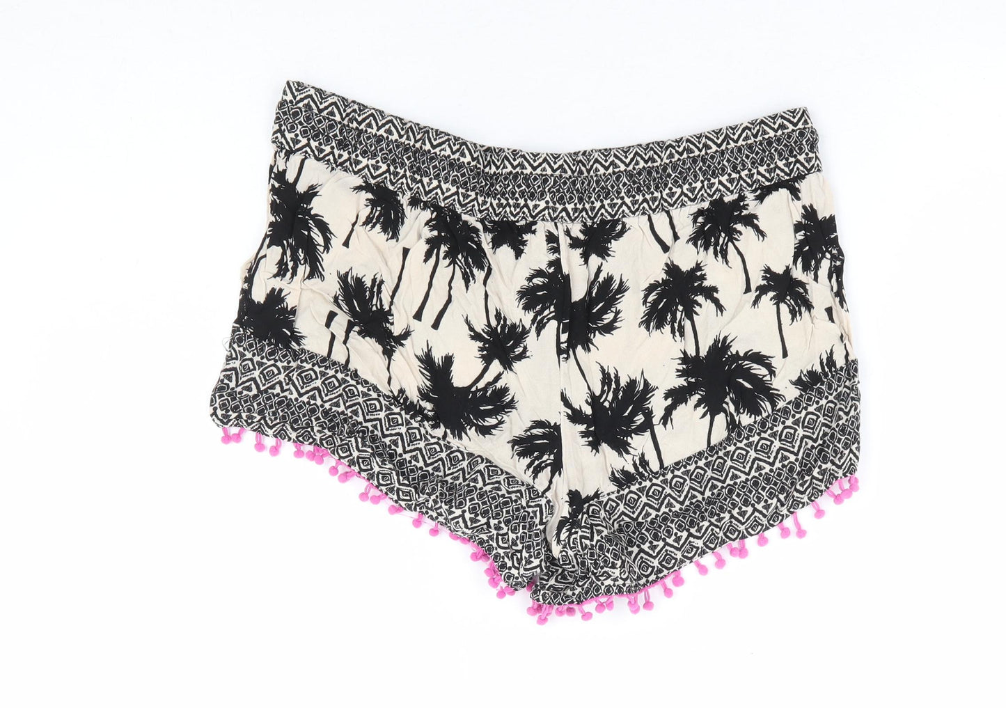 Marks and Spencer Womens Black Geometric Viscose Hot Pants Shorts Size 10 L4 in Regular Drawstring - Pom Pom Trim