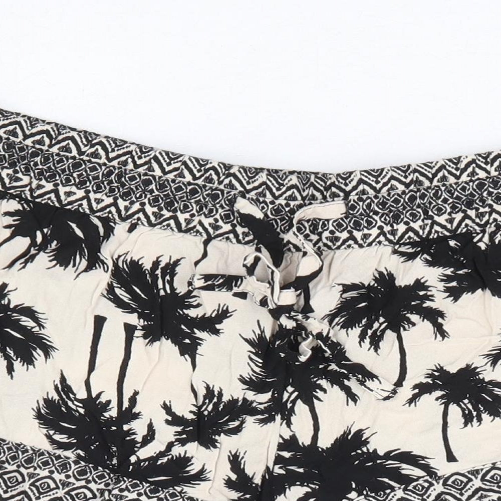 Marks and Spencer Womens Black Geometric Viscose Hot Pants Shorts Size 10 L4 in Regular Drawstring - Pom Pom Trim