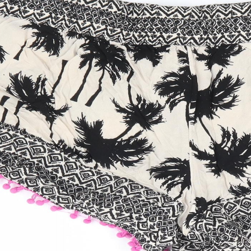 Marks and Spencer Womens Black Geometric Viscose Hot Pants Shorts Size 10 L4 in Regular Drawstring - Pom Pom Trim