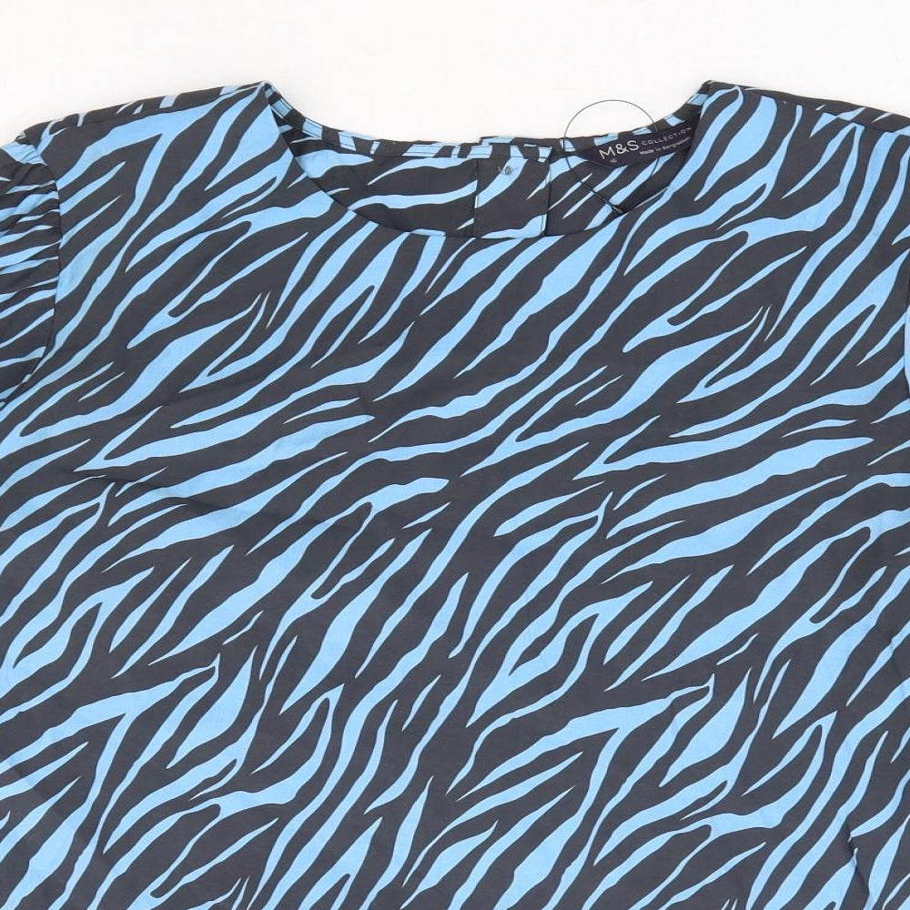 Marks and Spencer Womens Blue Animal Print Modal Basic Blouse Size 16 Round Neck - Zebra Print