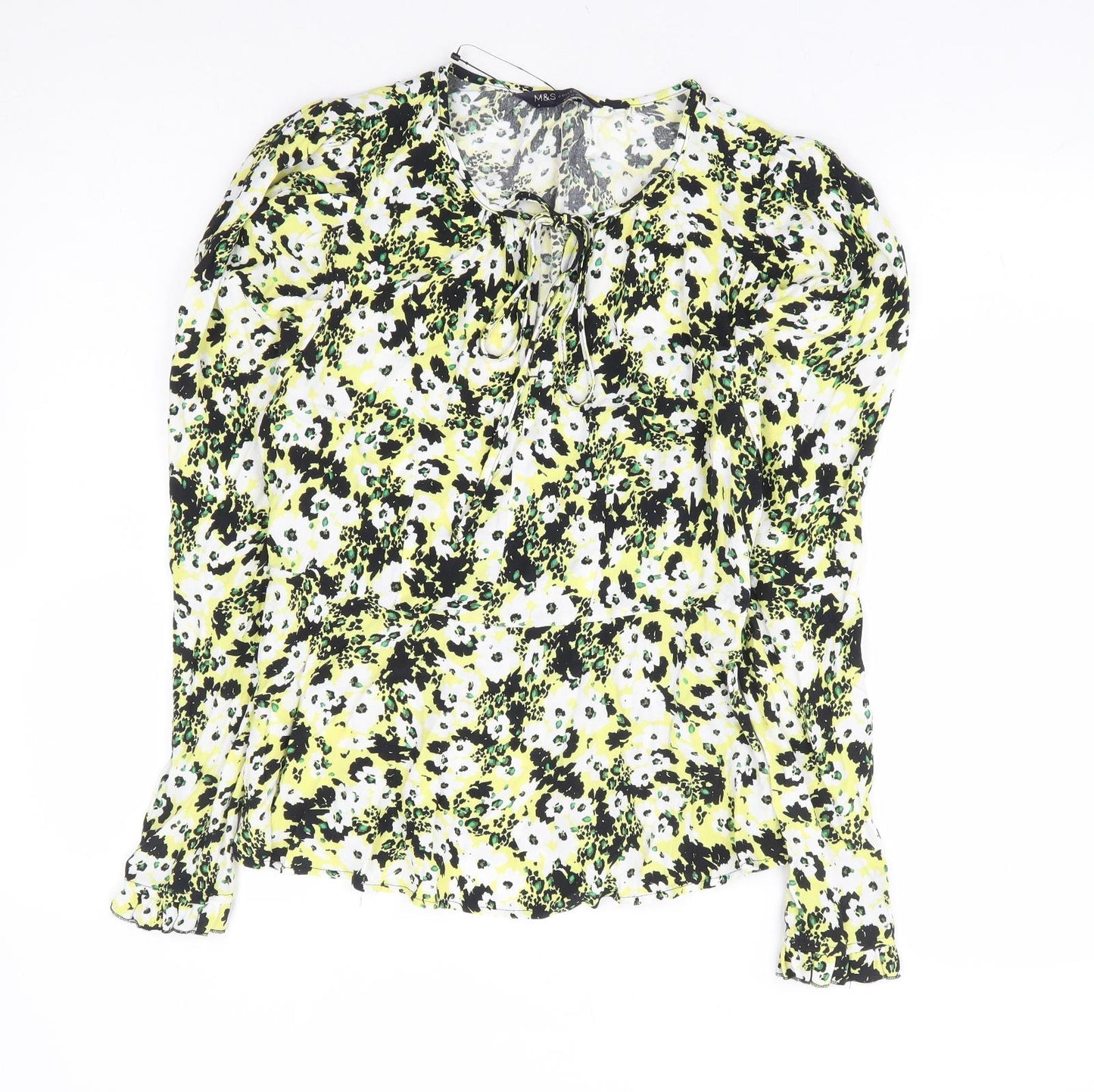 Marks and Spencer Womens Yellow Floral Viscose Basic Blouse Size 6 Round Neck