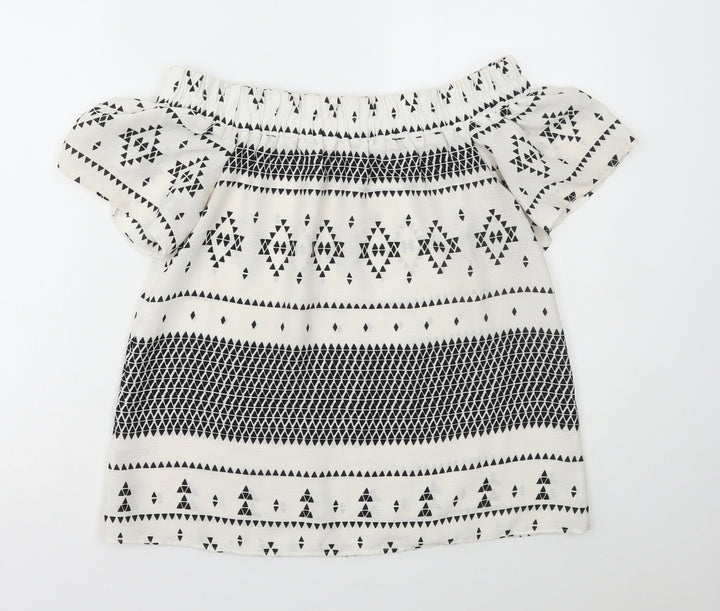 Atmos & Here Womens White Geometric Polyester Basic Blouse Size 10 Off the Shoulder