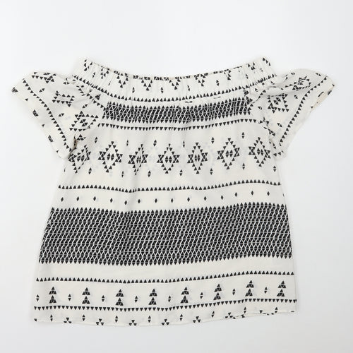 Atmos & Here Womens White Geometric Polyester Basic Blouse Size 10 Off the Shoulder