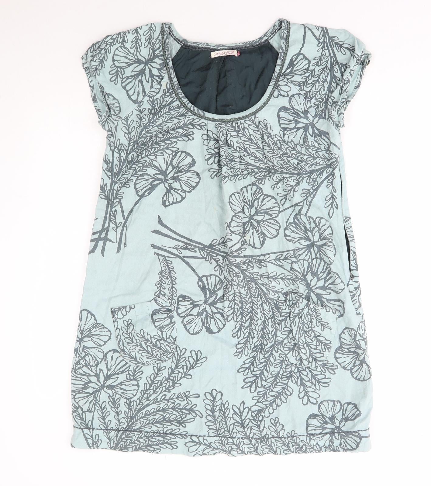 White Stuff Womens Blue Floral Cotton Basic T-Shirt Size 12 Scoop Neck