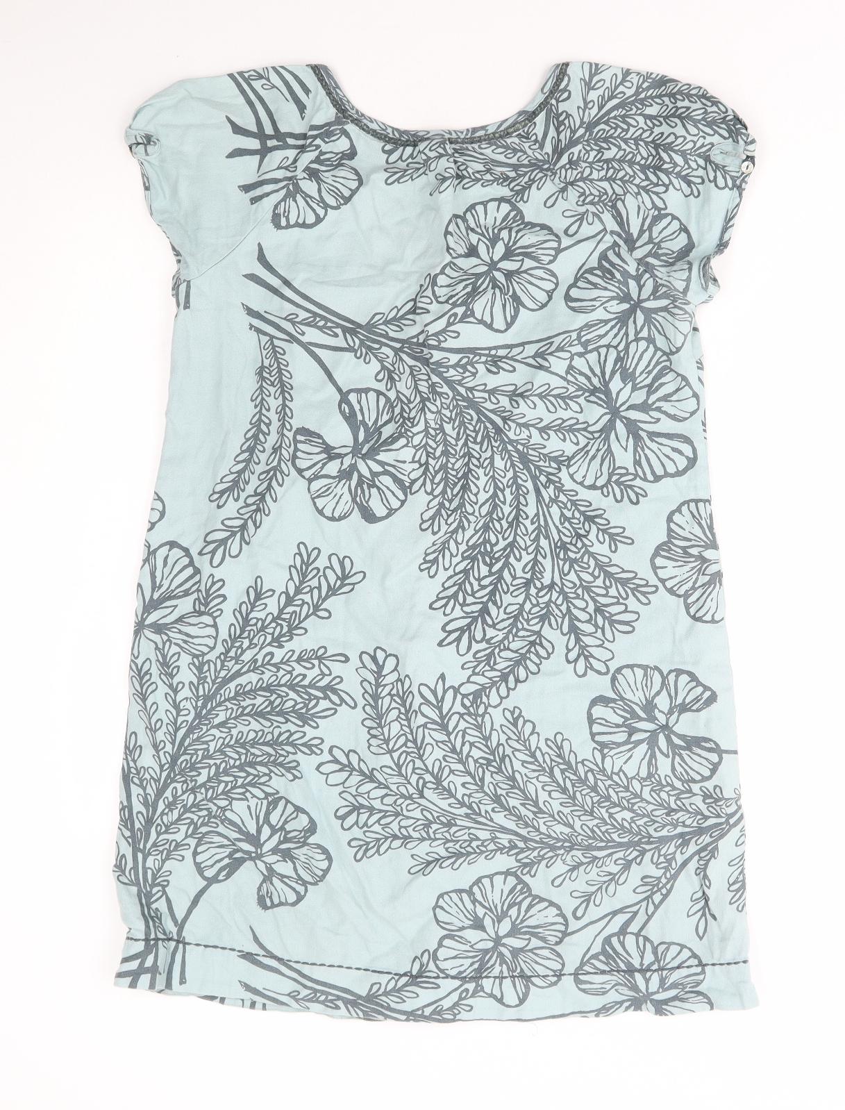 White Stuff Womens Blue Floral Cotton Basic T-Shirt Size 12 Scoop Neck