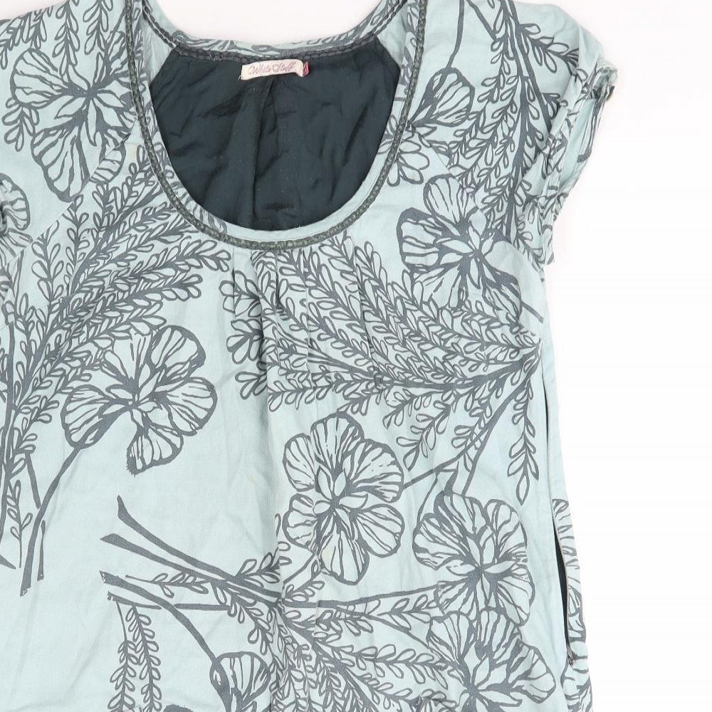 White Stuff Womens Blue Floral Cotton Basic T-Shirt Size 12 Scoop Neck