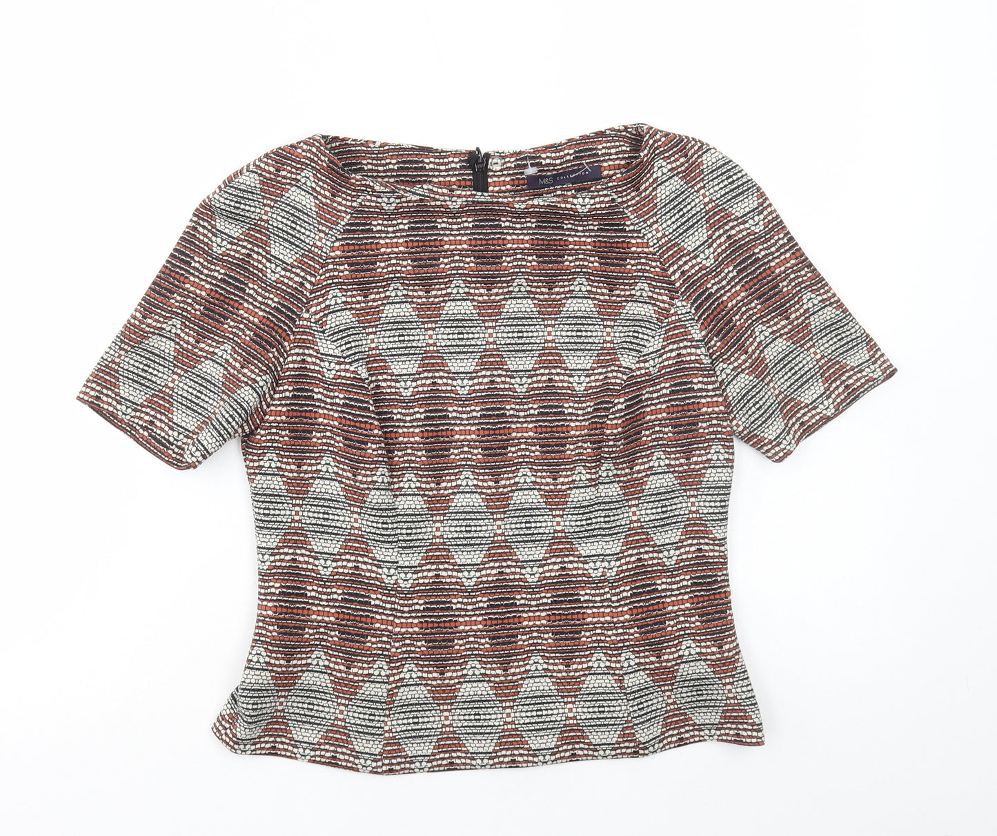 Marks and Spencer Womens Multicoloured Geometric Polyester Basic T-Shirt Size 10 Scoop Neck