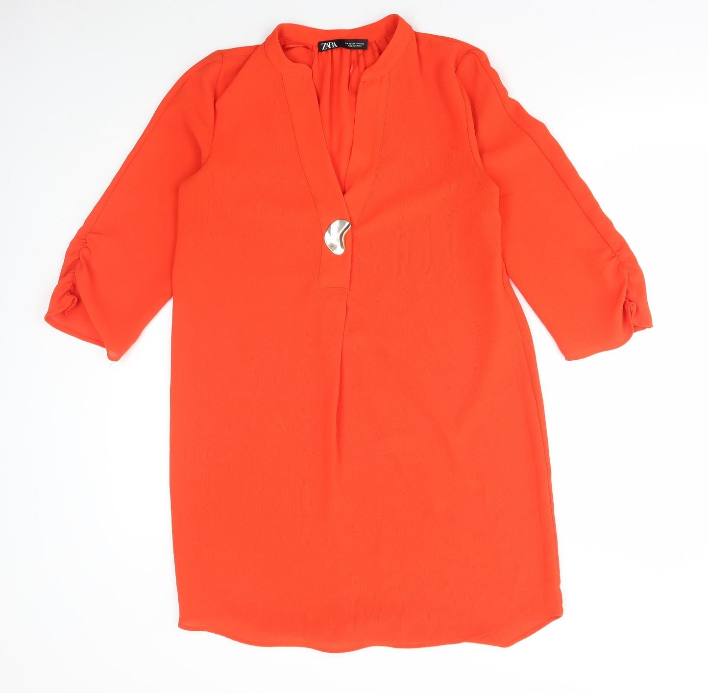 Zara Womens Orange Polyester Shirt Dress Size XS V-Neck Button