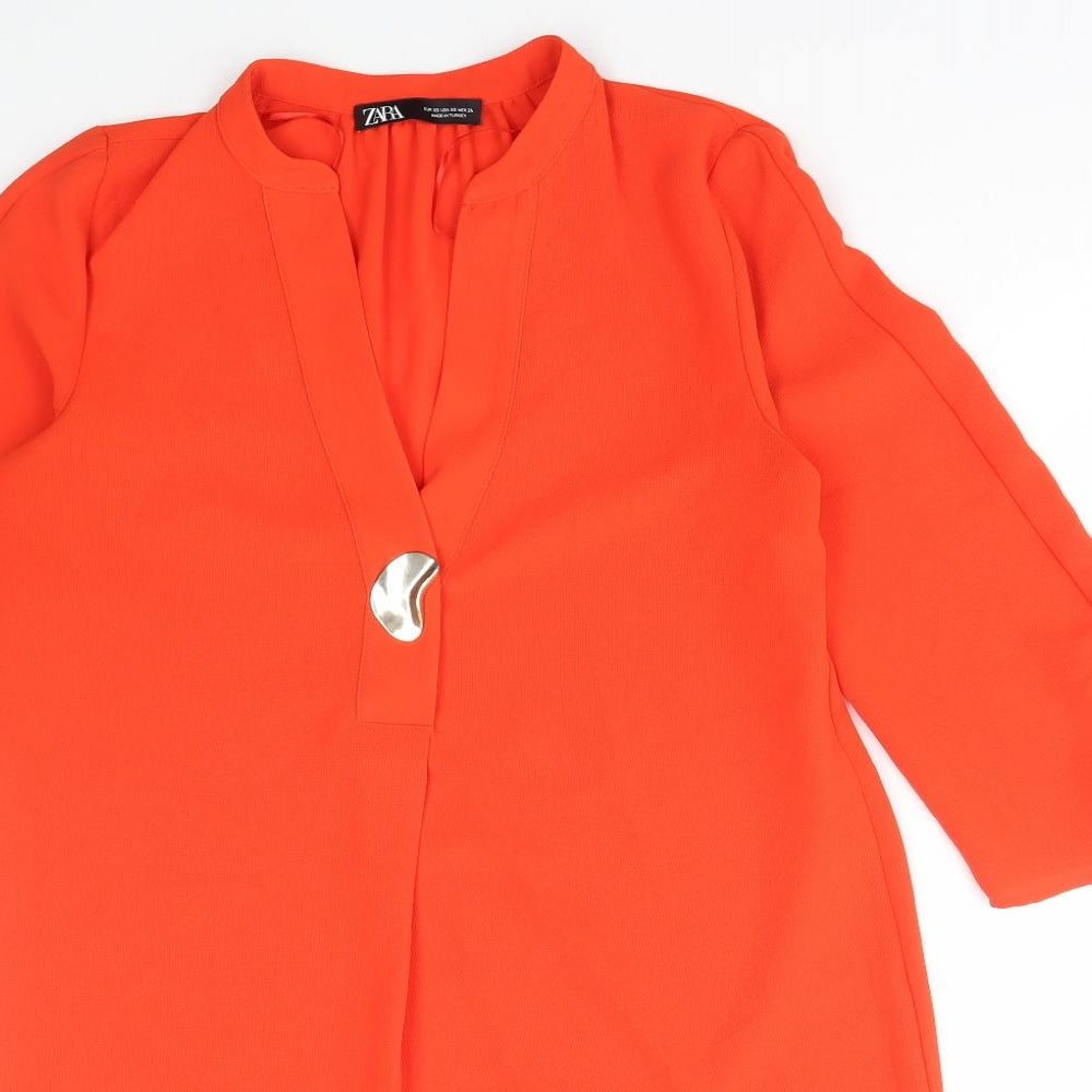 Zara Womens Orange Polyester Shirt Dress Size XS V-Neck Button