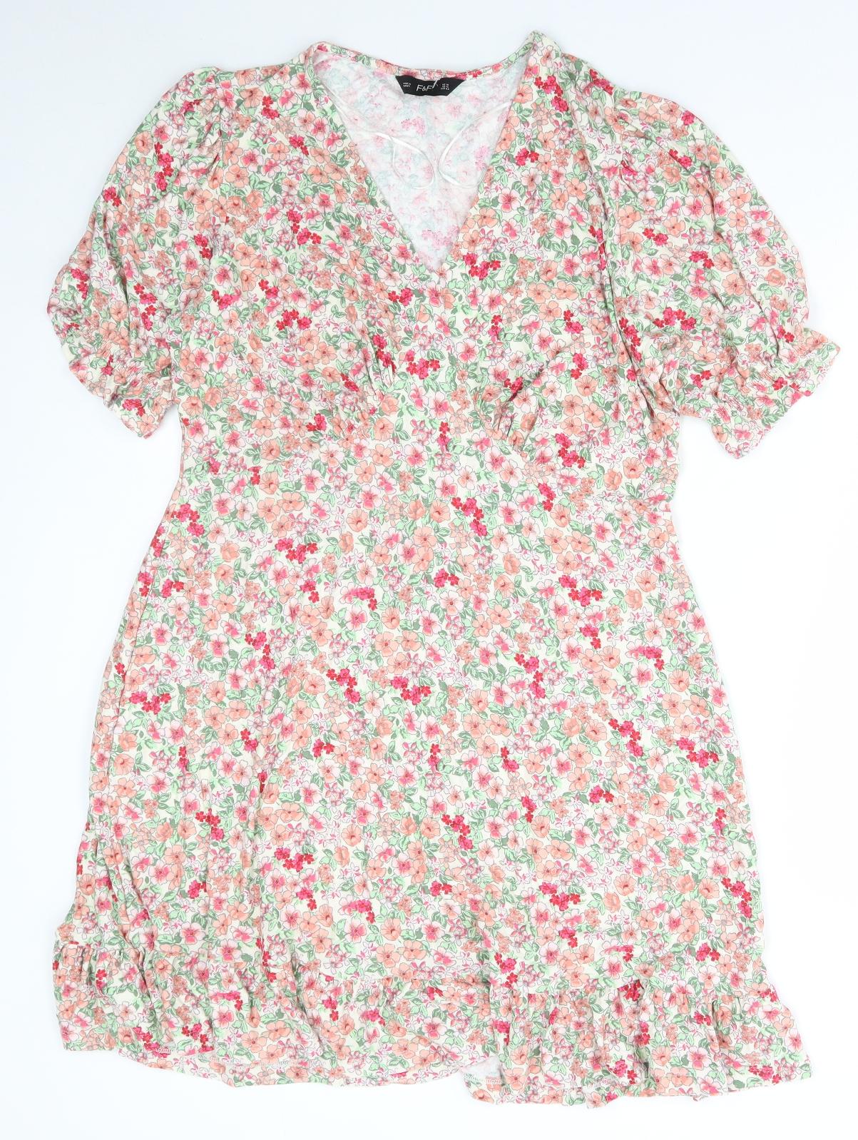 F&F Womens Multicoloured Floral Viscose A-Line Size 18 V-Neck Pullover