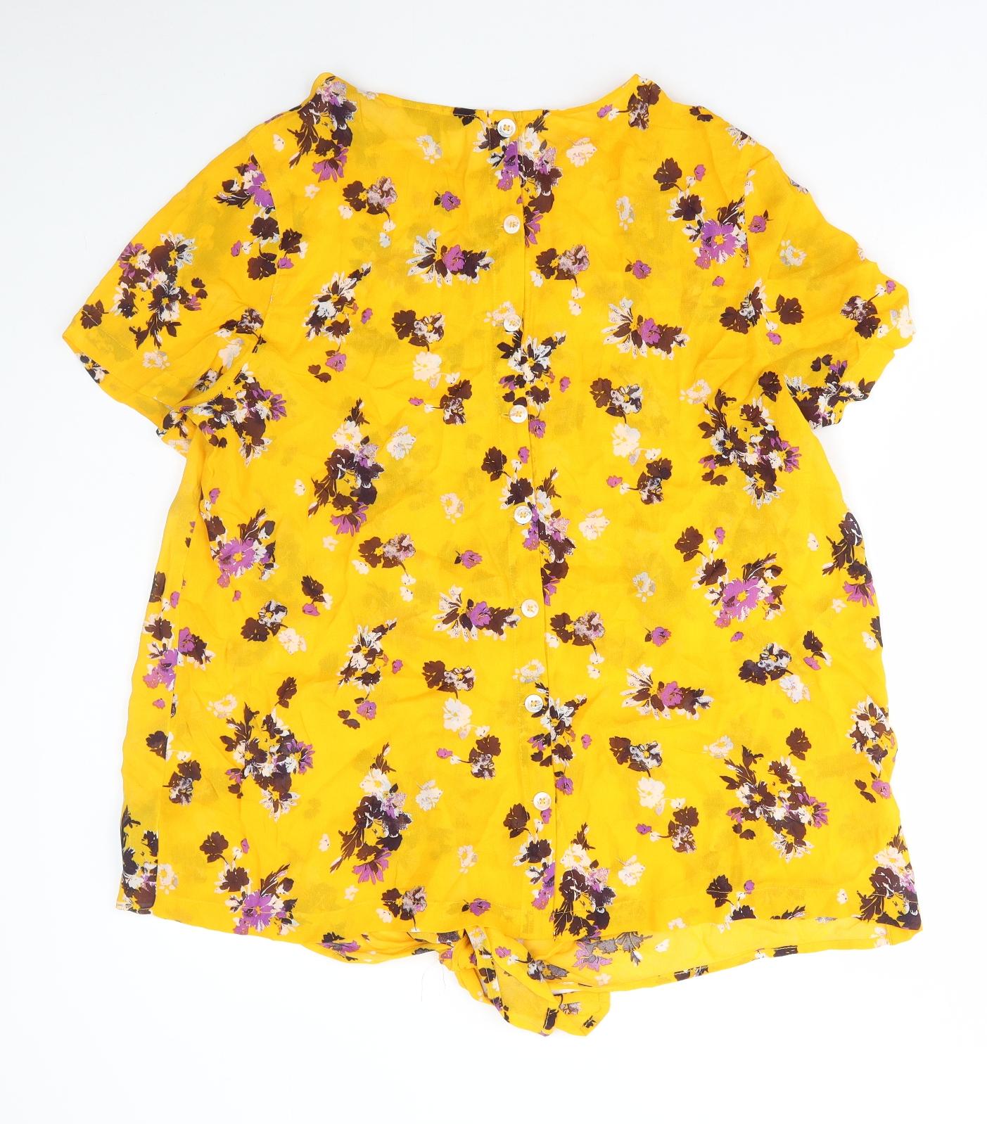 NEXT Womens Yellow Floral Viscose Basic Blouse Size 20 Round Neck