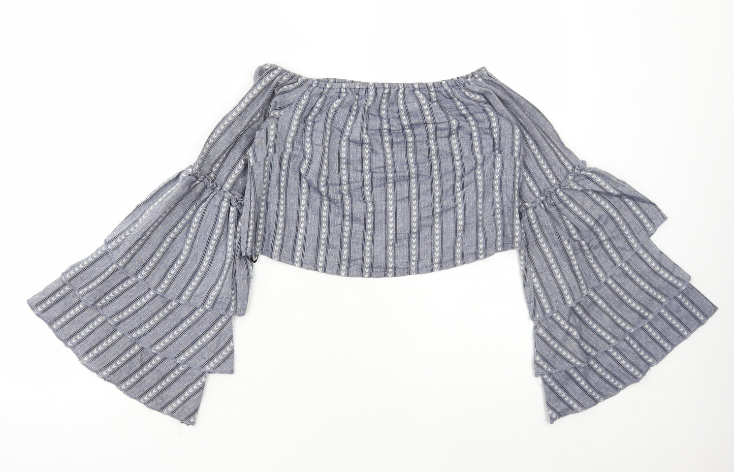 Missguided Womens Blue Geometric Viscose Cropped Blouse Size 6 Off the Shoulder