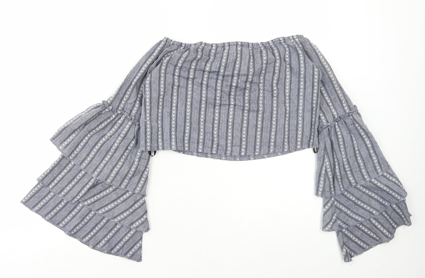 Missguided Womens Blue Geometric Viscose Cropped Blouse Size 6 Off the Shoulder