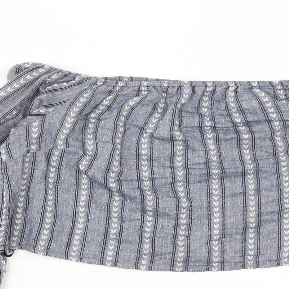Missguided Womens Blue Geometric Viscose Cropped Blouse Size 6 Off the Shoulder
