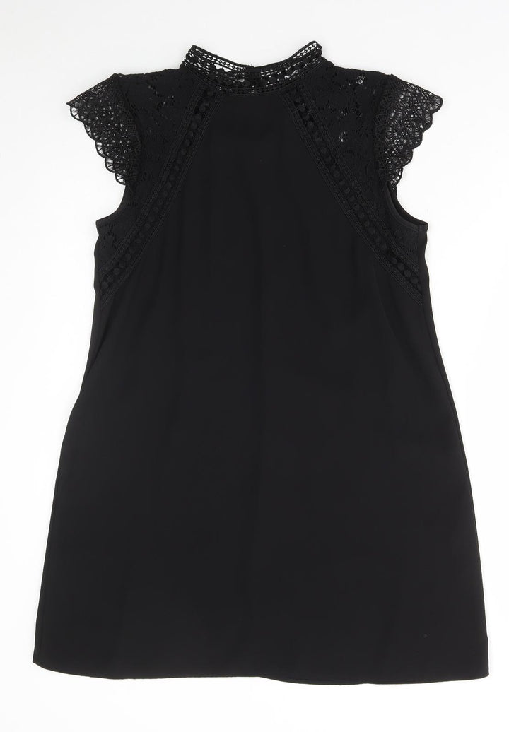 Zara Womens Black Polyester A-Line Size XS High Neck Button - Lace Detail