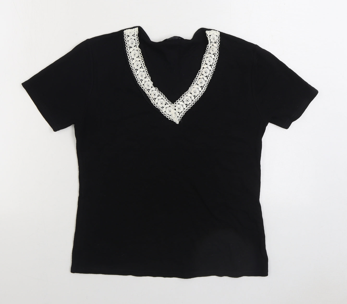 Soul Collection Womens Black Viscose Basic T-Shirt Size S V-Neck - Lace detail neckline