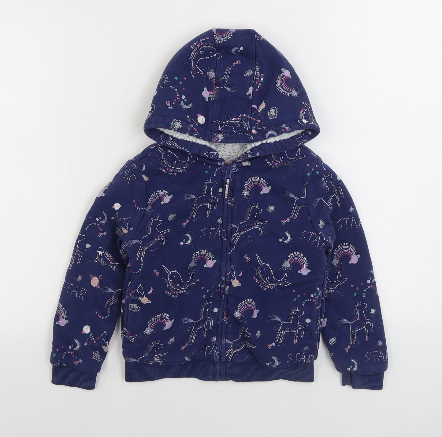 Marks and Spencer Girls Blue Geometric Jacket Size 6-7 Years Zip - Unicorn Fleece Lined
