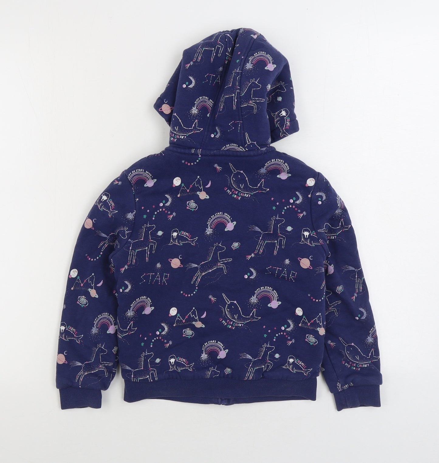 Marks and Spencer Girls Blue Geometric Jacket Size 6-7 Years Zip - Unicorn Fleece Lined