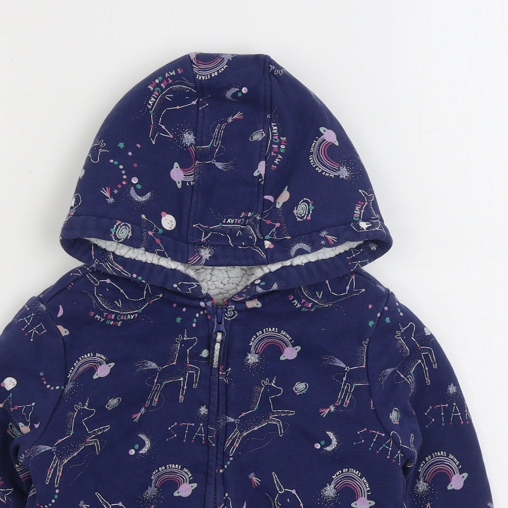 Marks and Spencer Girls Blue Geometric Jacket Size 6-7 Years Zip - Unicorn Fleece Lined