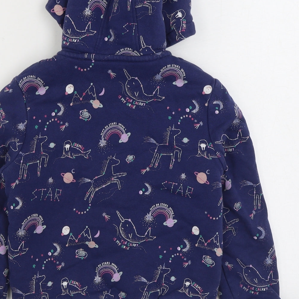 Marks and Spencer Girls Blue Geometric Jacket Size 6-7 Years Zip - Unicorn Fleece Lined
