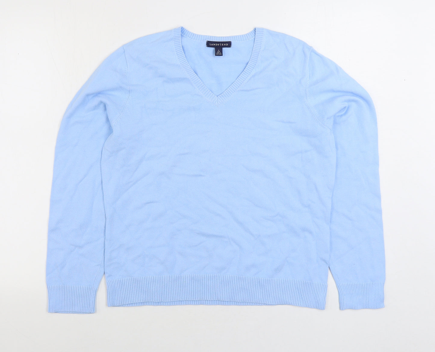 Lands End Mens Blue V-Neck Wool Pullover Jumper Size M