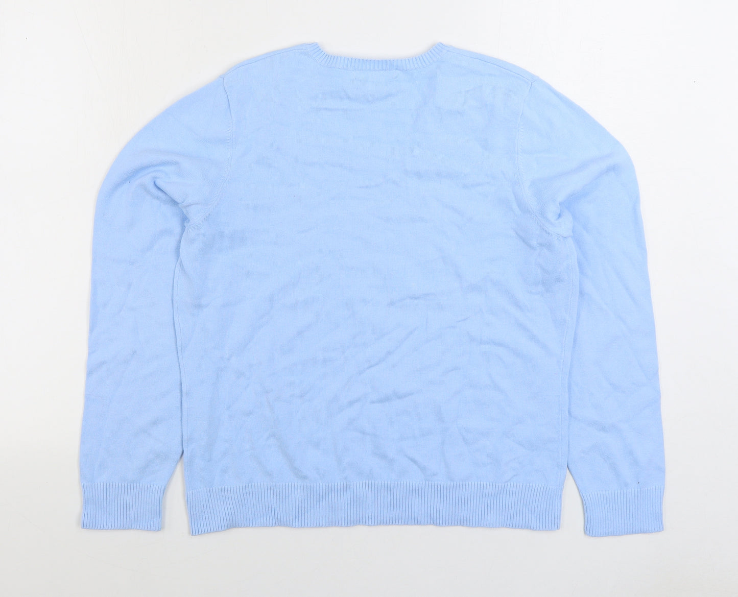 Lands End Mens Blue V-Neck Wool Pullover Jumper Size M