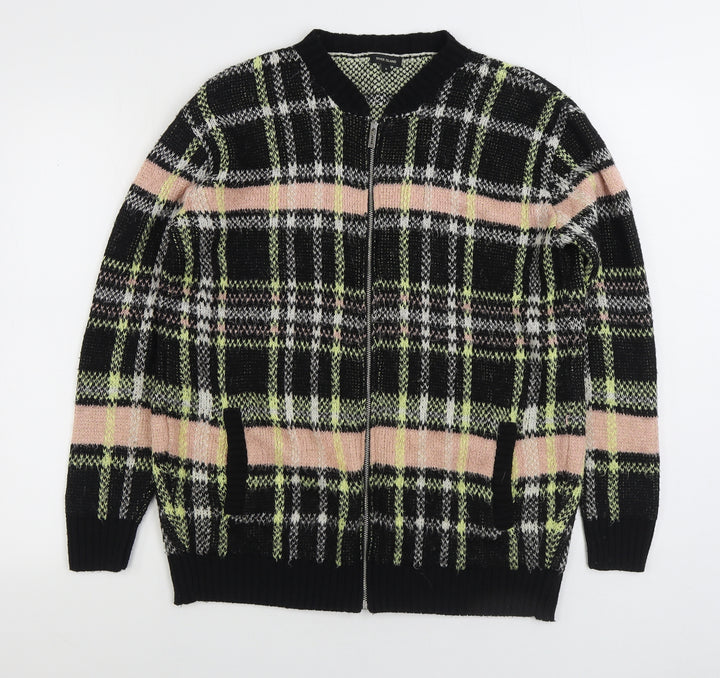 River Island Womens Multicoloured V-Neck Plaid Acrylic Full Zip Jumper Size 8