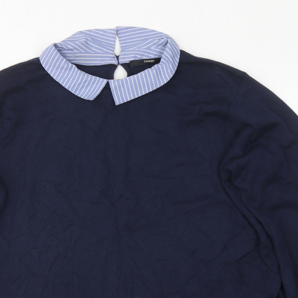 George Womens Blue Collared Striped Polyester Pullover Jumper Size 20
