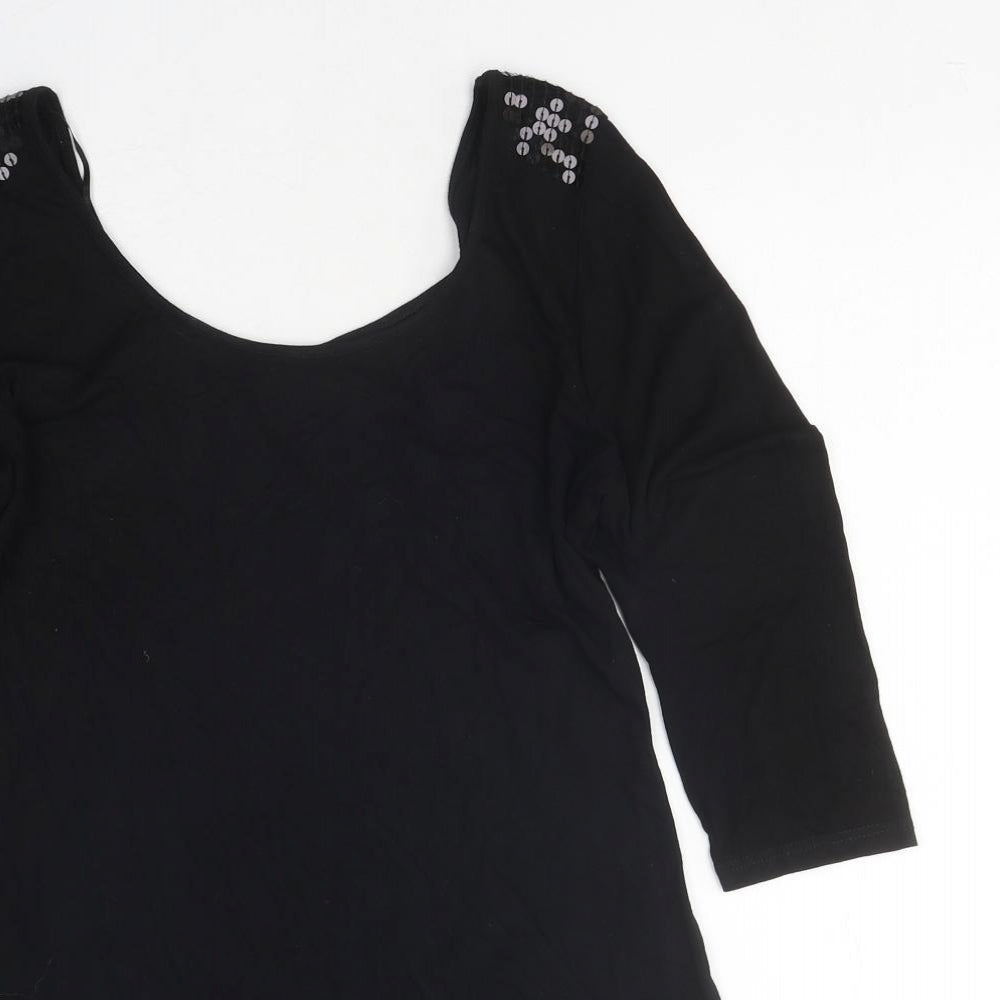 NEXT Womens Black Polyester Tunic T-Shirt Size 10 Round Neck - Sequins on shoulders