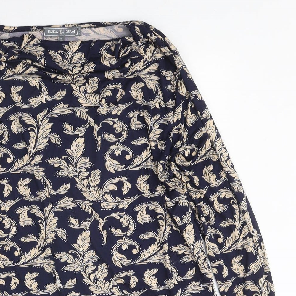 Jessica Graaf Womens Blue Floral Polyester Basic Blouse Size XL Cowl Neck