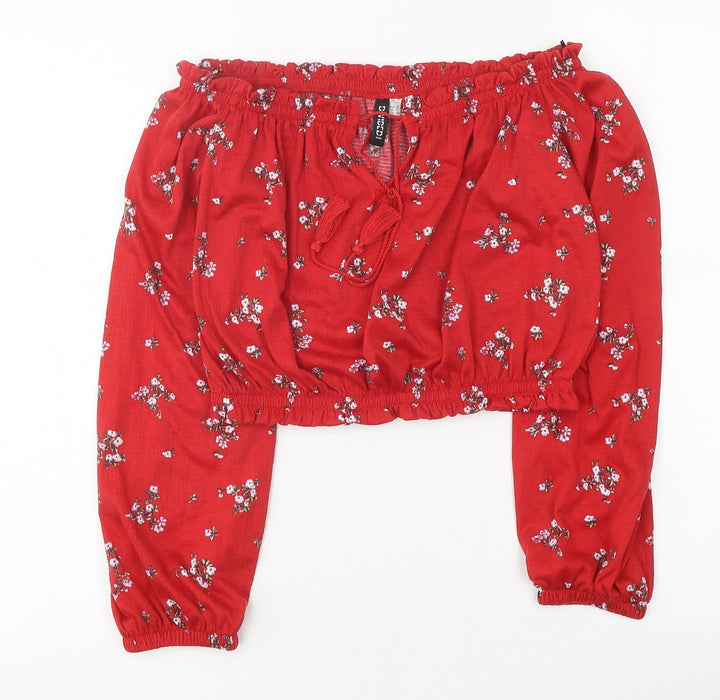 Divided Womens Red Floral Polyester Cropped Blouse Size S Off the Shoulder