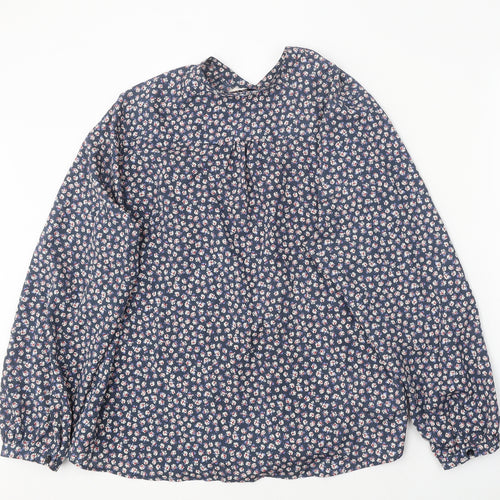 Classic Womens Blue Floral Polyester Basic Button-Up Size 8 Round Neck