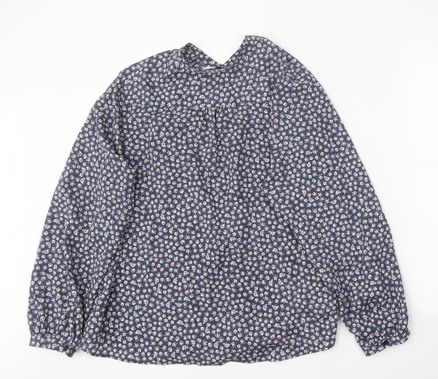 Classic Womens Blue Floral Polyester Basic Button-Up Size 8 Round Neck