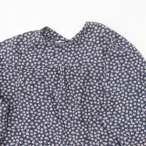 Classic Womens Blue Floral Polyester Basic Button-Up Size 8 Round Neck