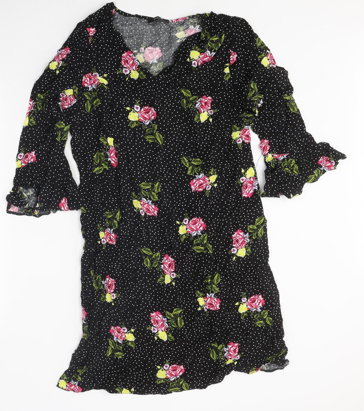 Papaya Womens Black Floral Polyester A-Line Size 14 Round Neck Pullover