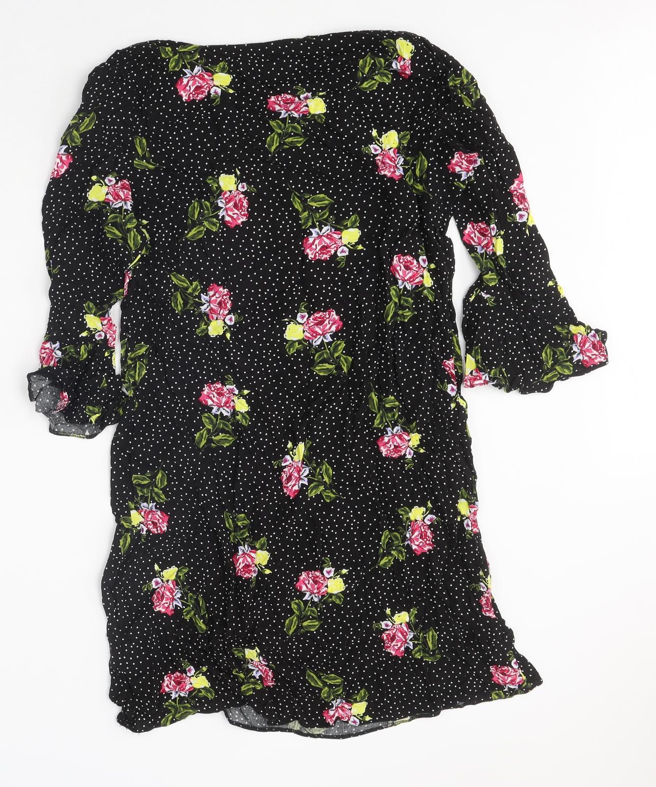Papaya Womens Black Floral Polyester A-Line Size 14 Round Neck Pullover