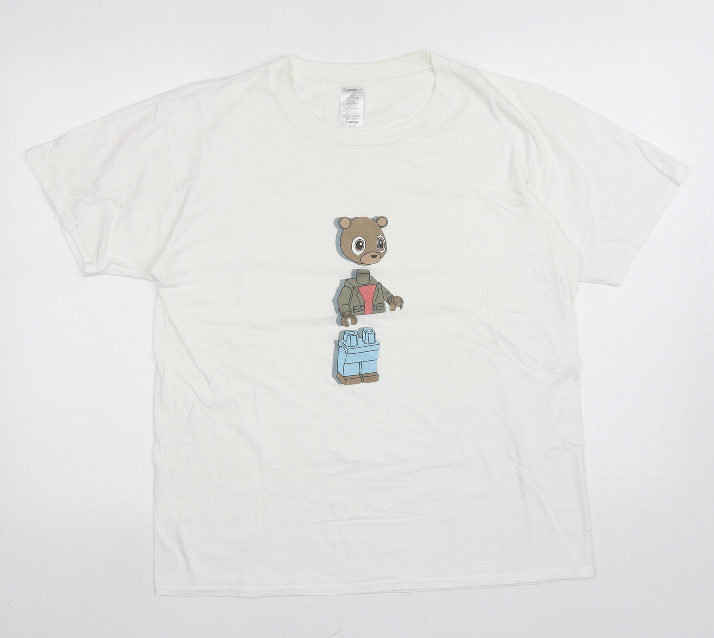 Gildan Womens White Cotton Basic T-Shirt Size L Round Neck - Teddy Bear