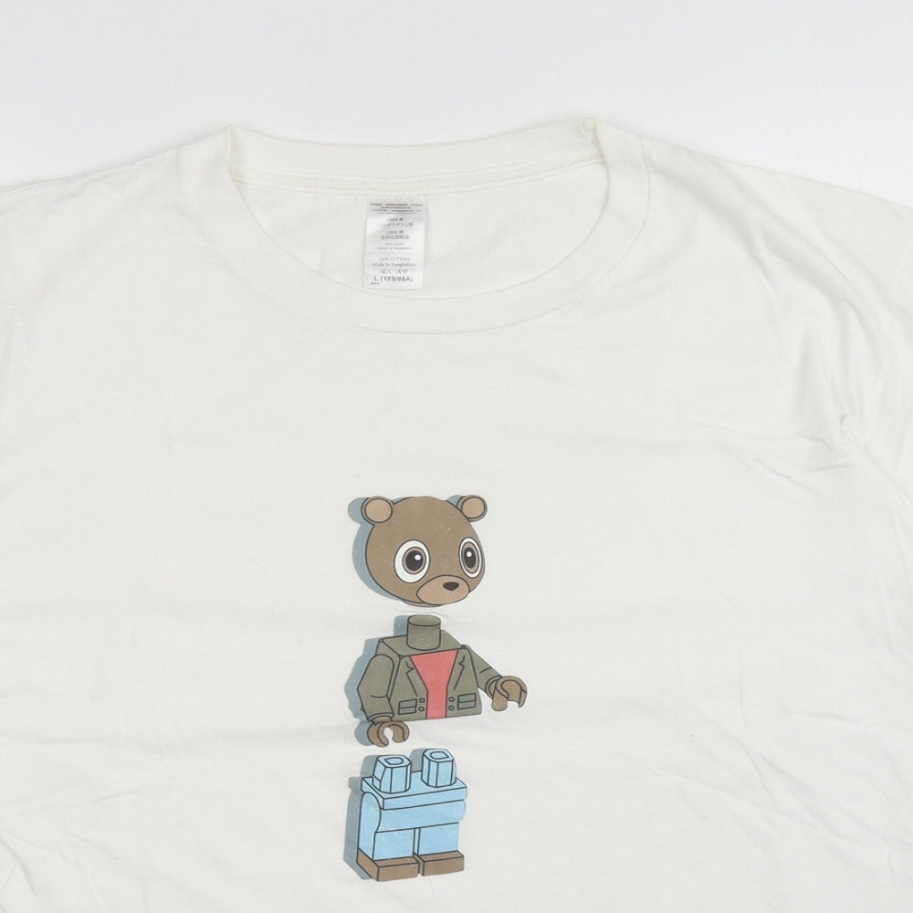 Gildan Womens White Cotton Basic T-Shirt Size L Round Neck - Teddy Bear