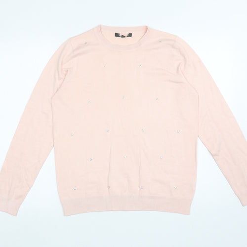 Preworn Womens Pink Round Neck Geometric Viscose Pullover Jumper Size 14 - Stars