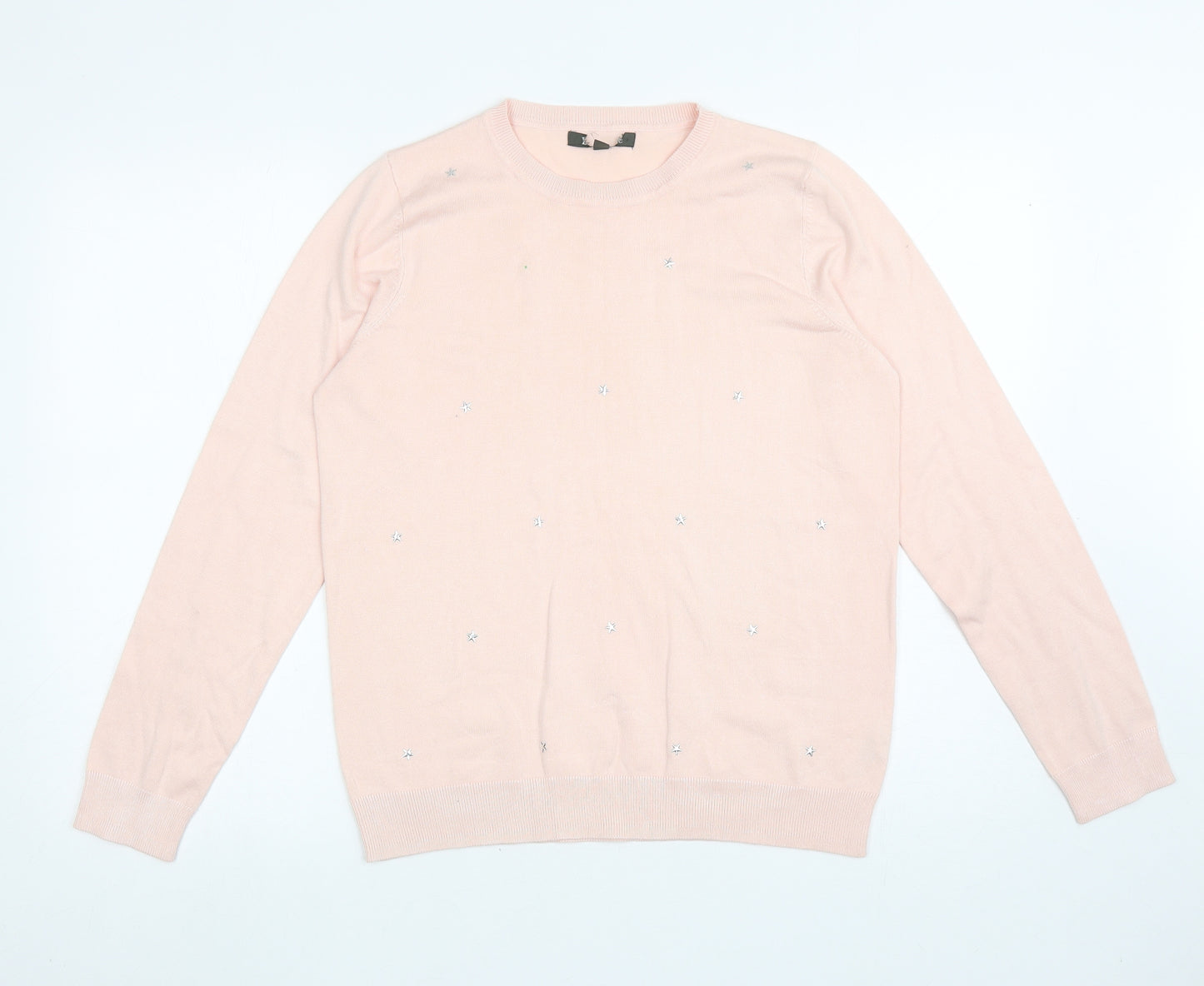 Preworn Womens Pink Round Neck Geometric Viscose Pullover Jumper Size 14 - Stars