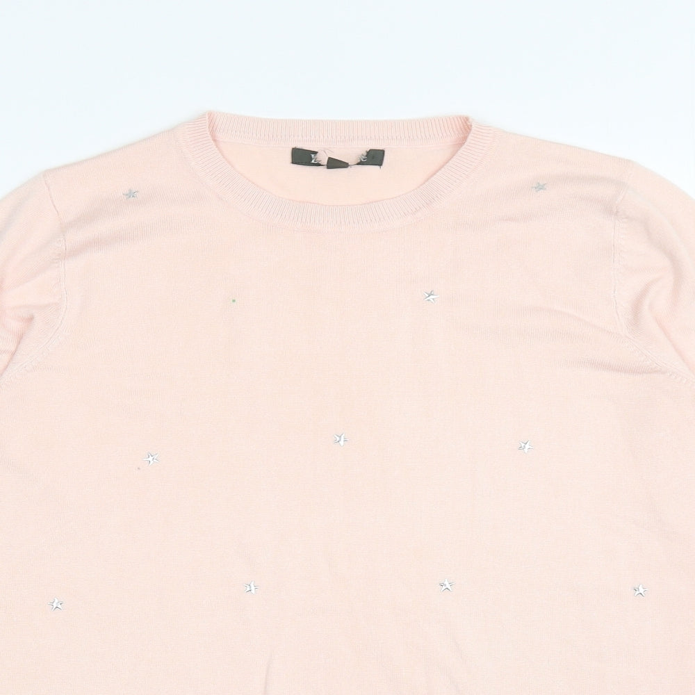 Preworn Womens Pink Round Neck Geometric Viscose Pullover Jumper Size 14 - Stars