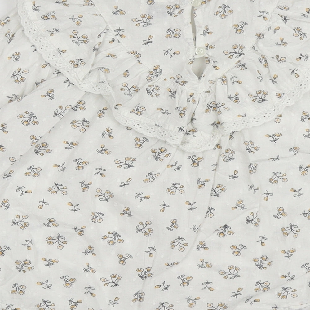 F&F Girls White Floral Cotton Basic Blouse Size 5-6 Years Mock Neck Button