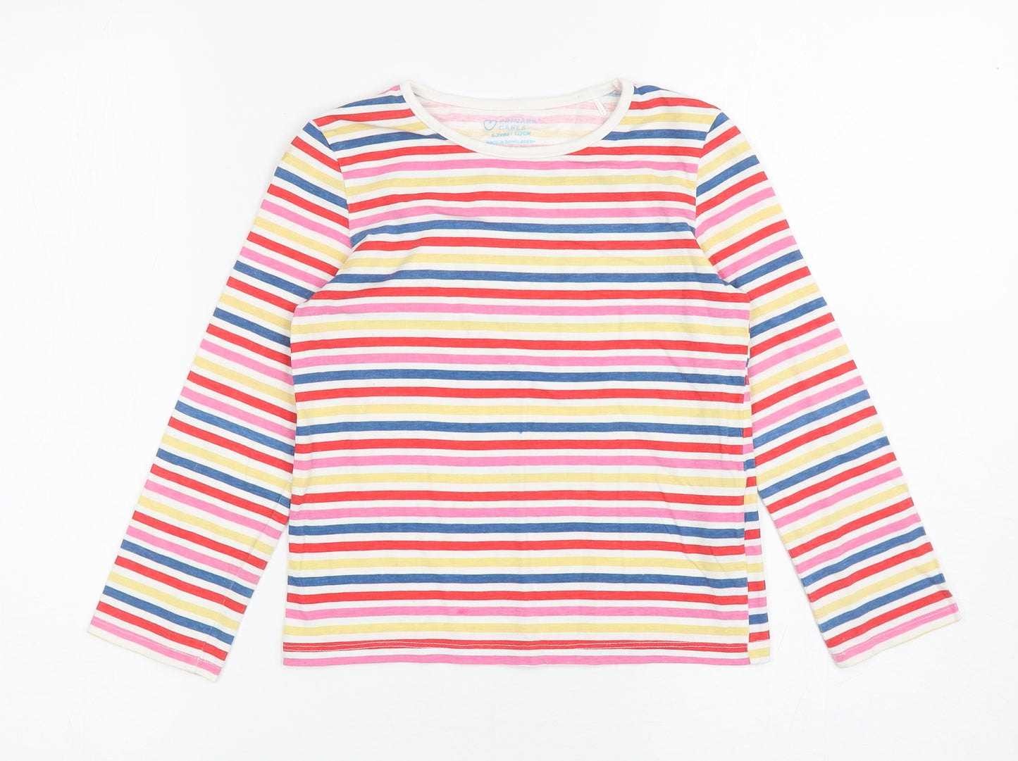 Primark Girls Multicoloured Striped Cotton Basic T-Shirt Size 6-7 Years Round Neck Pullover