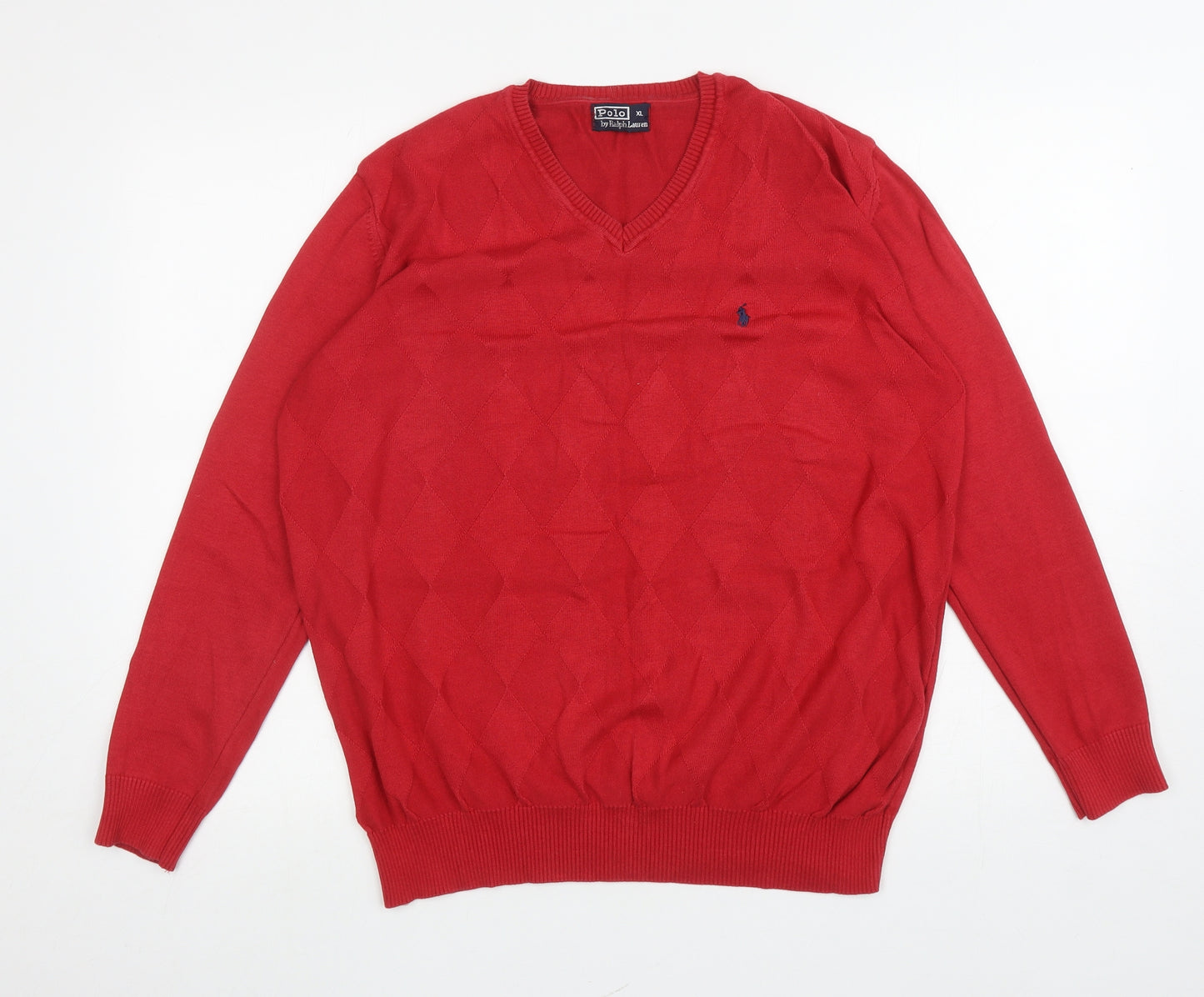 Ralph Lauren Mens Red V-Neck Argyle/Diamond Cotton Pullover Jumper Size XL