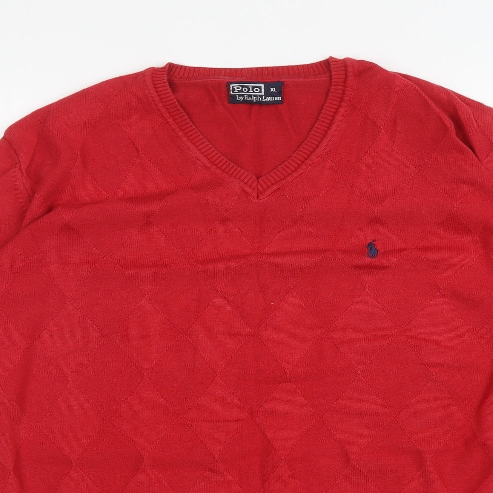 Ralph Lauren Mens Red V-Neck Argyle/Diamond Cotton Pullover Jumper Size XL