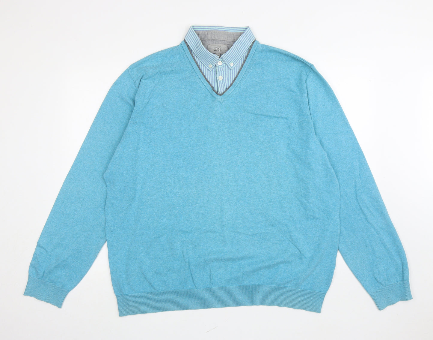 Marks and Spencer Mens Blue Collared Cotton Pullover Jumper Size 2XL