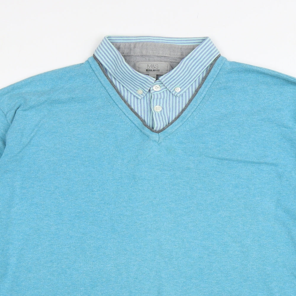 Marks and Spencer Mens Blue Collared Cotton Pullover Jumper Size 2XL