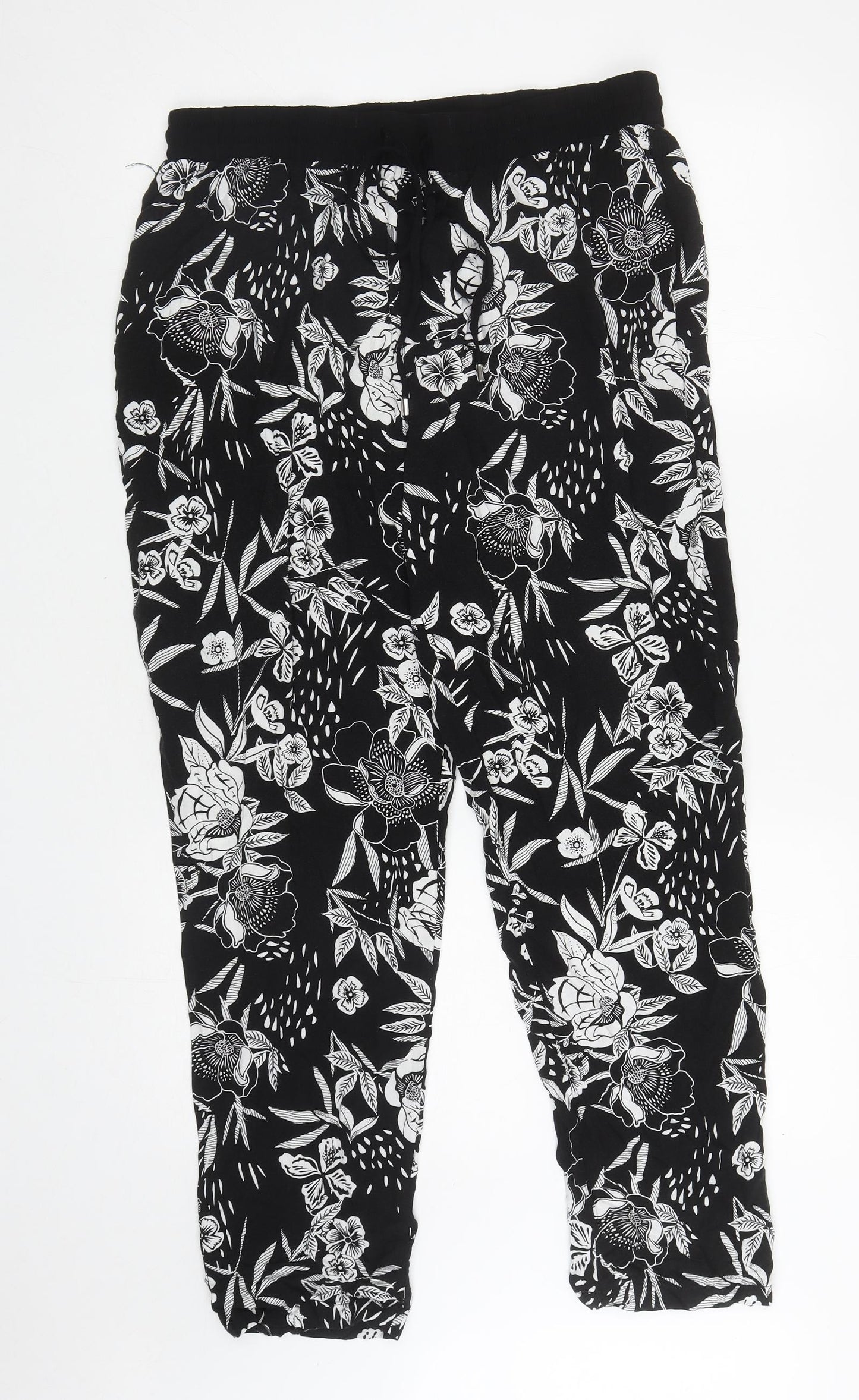 New Look Womens Black Floral Viscose Harem Trousers Size 16 L28 in Regular Drawstring