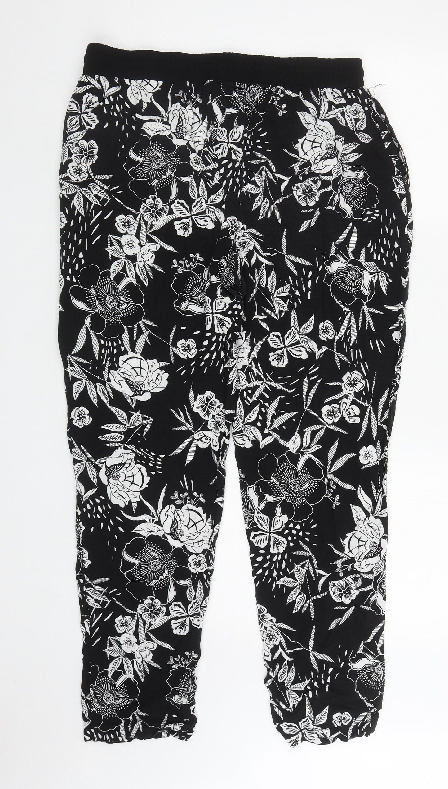 New Look Womens Black Floral Viscose Harem Trousers Size 16 L28 in Regular Drawstring